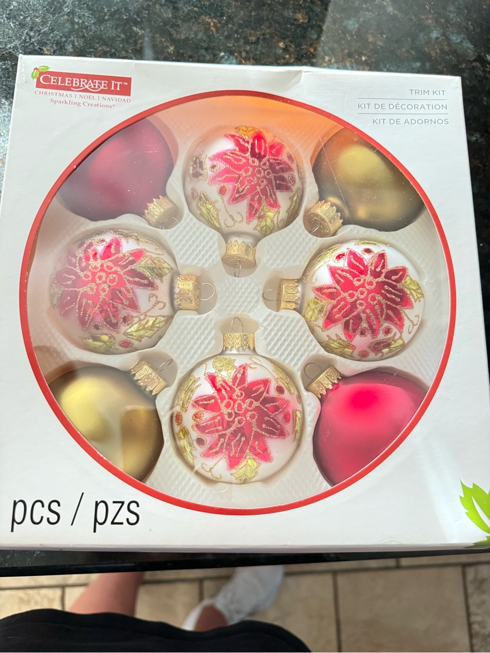 Vintage Celebrate It White, Pink and Gold Poinsettia Glass Ornament Set